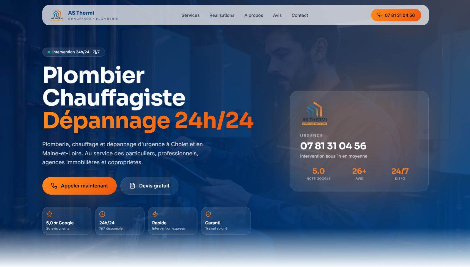 Site internet AS Thermi, plombier chauffagiste à Cholet et Maine-et-Loire, créé par Nathan webdesigner freelance